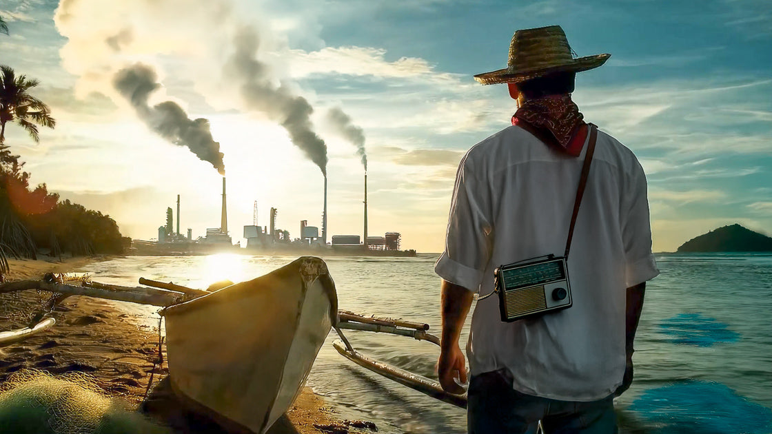 Pescador de espaldas en la orilla con lancha y radio al hombro; a lo lejos, chimeneas industriales sobre la bahía al atardecer.