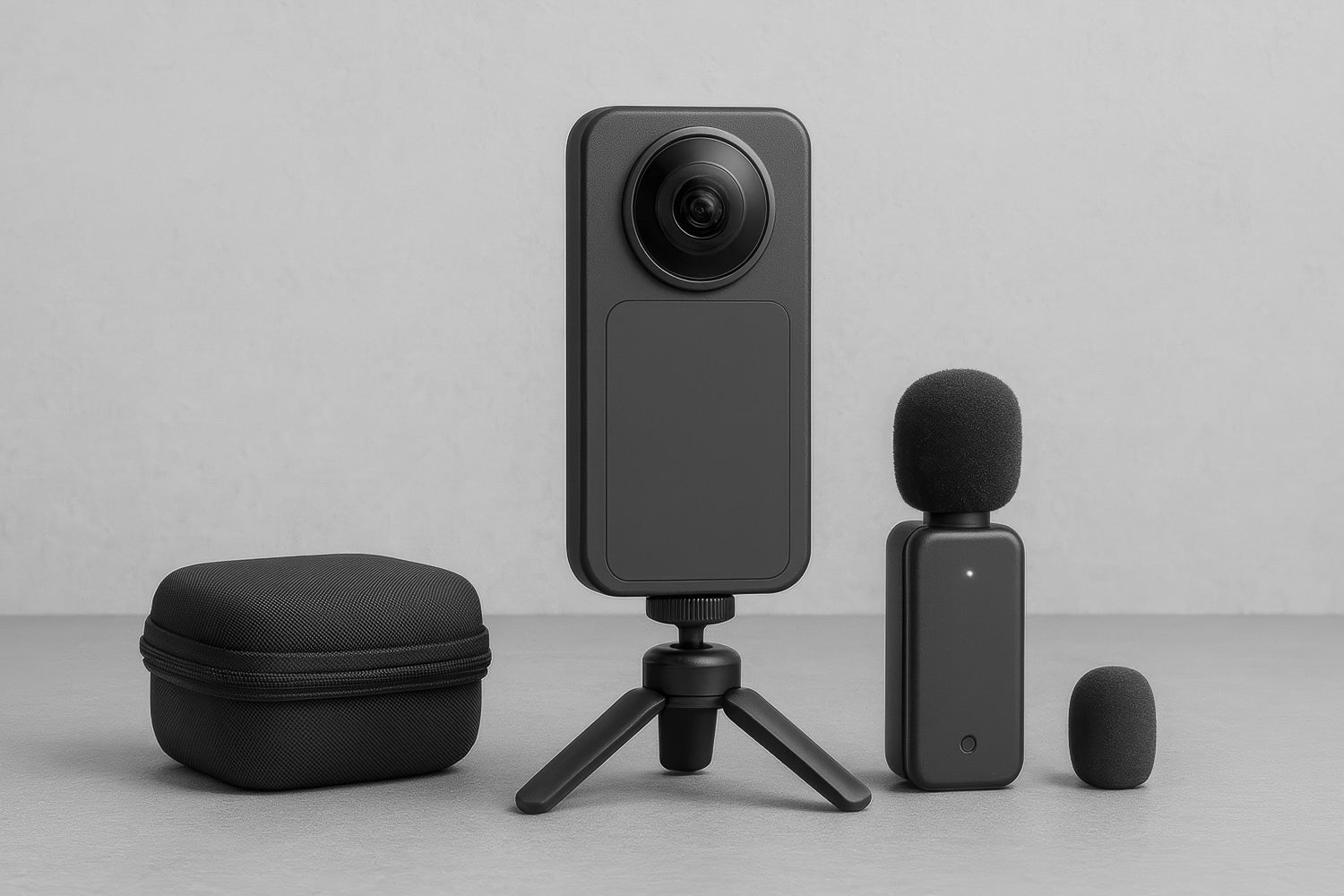 Camara 360 montada en tripie de mesa, junto a estuche rigido, microfono inalambrico con espuma y repuesto, sobre superficie gris y fondo neutro.