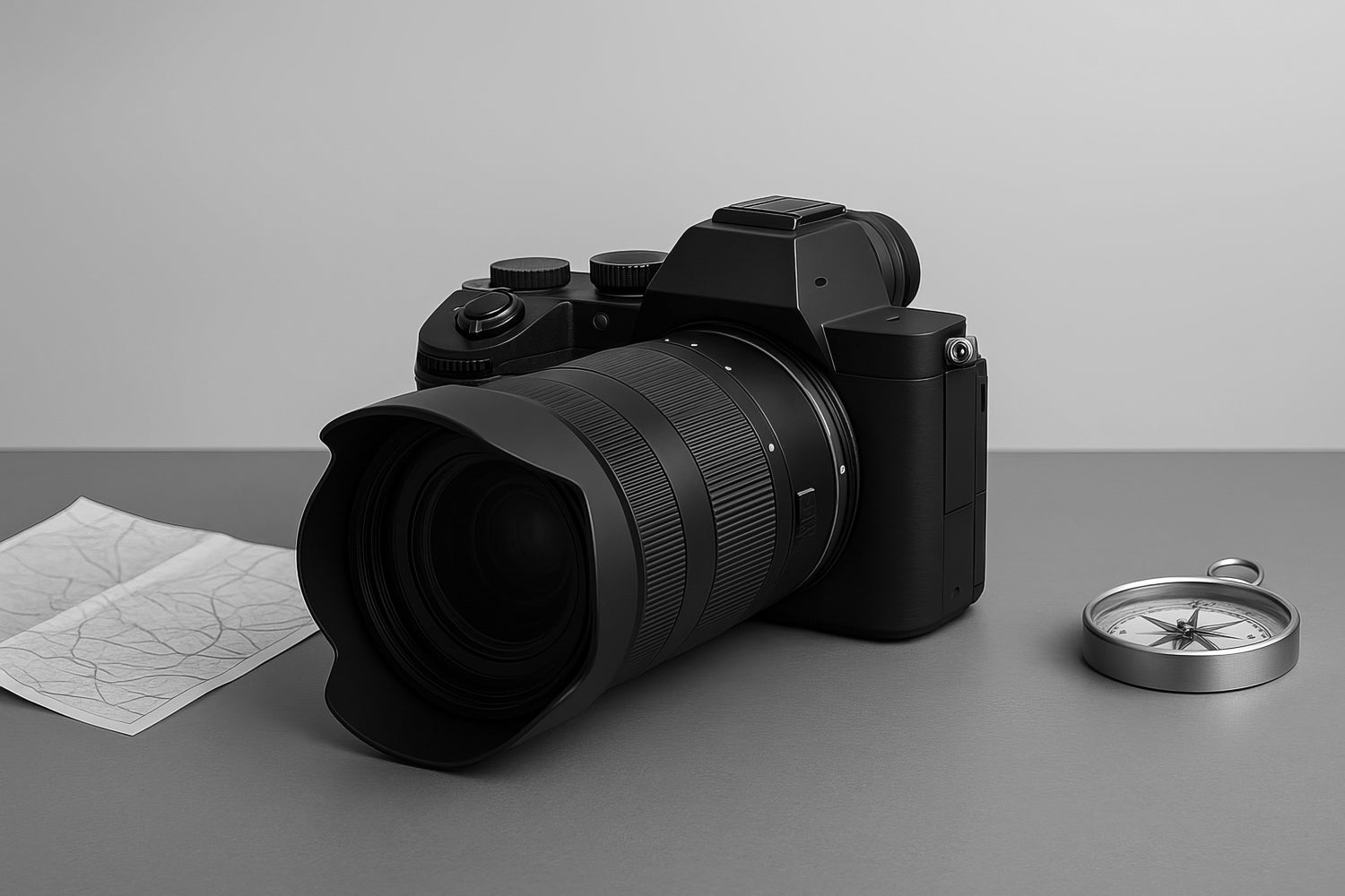 Camara mirrorless negra con lente zoom y parasol sobre superficie gris; a la izquierda, mapa plegado, y a la derecha, brujula metalica; fondo gris neutro.