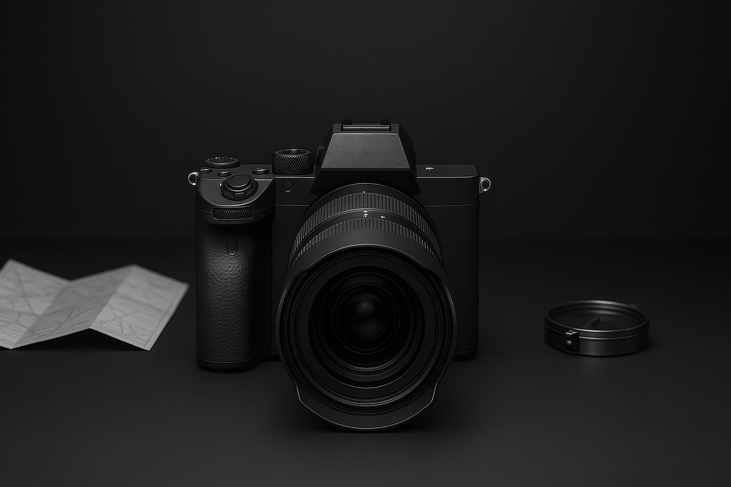 Camara mirrorless negra con lente zoom y parasol sobre superficie gris; a la izquierda, mapa plegado, y a la derecha, brujula metalica; fondo gris neutro.