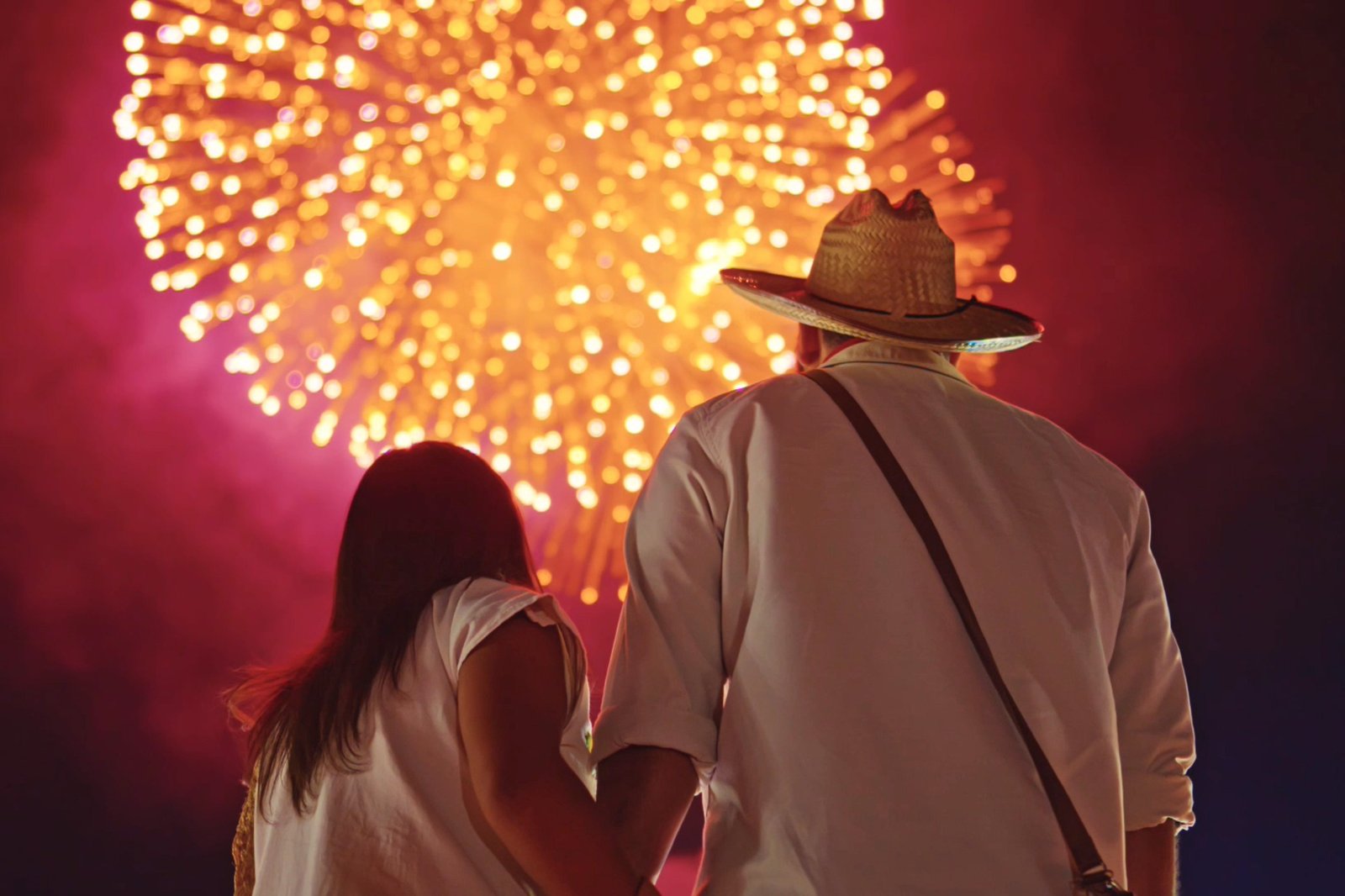 Dos personas de espaldas contemplan fuegos artificiales en la noche.