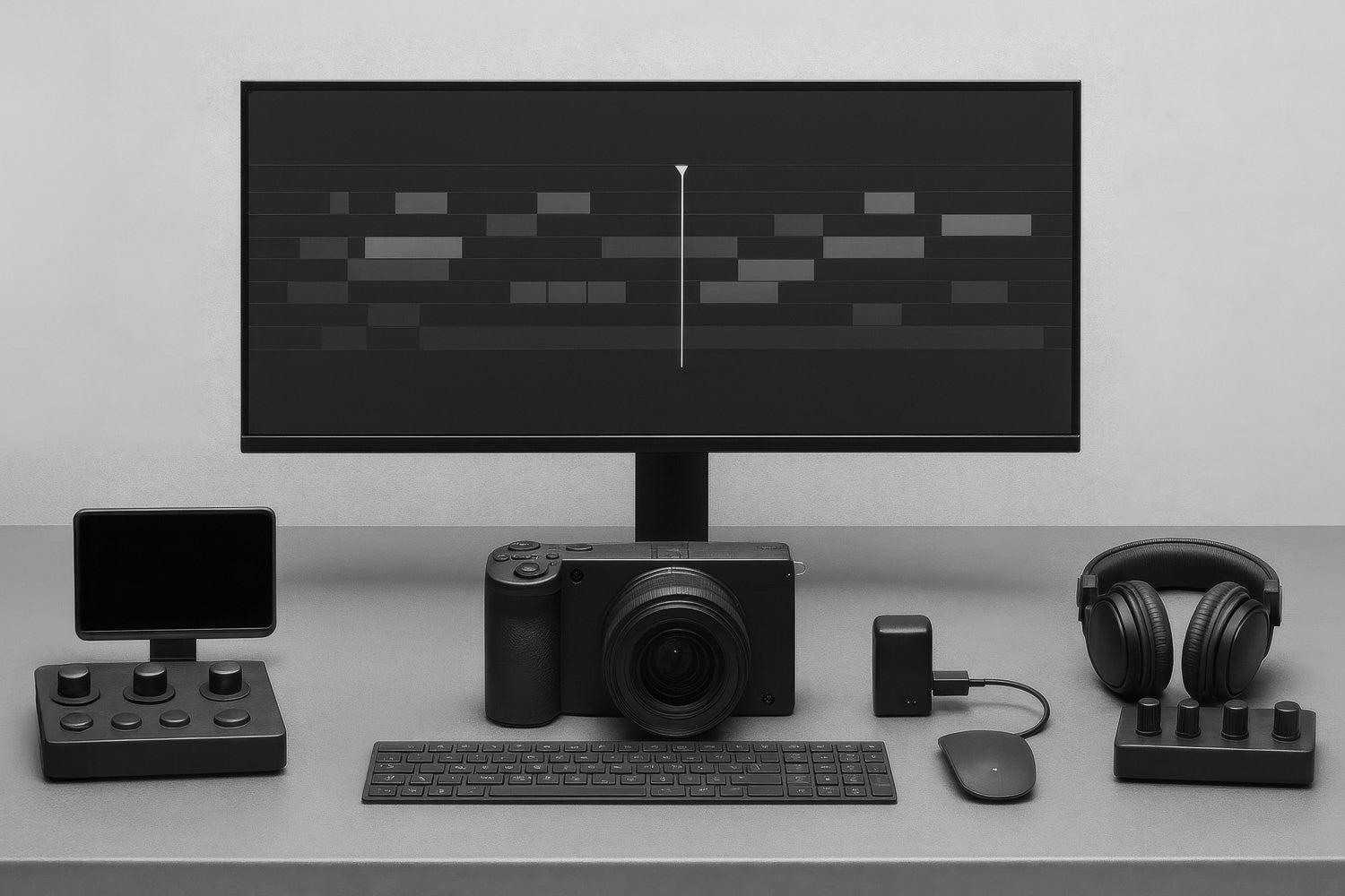 Estación de edición con monitor panorámico y línea de tiempo; cámara, teclado, mouse, SSD, audífonos y dos consolas con perillas sobre mesa gris.