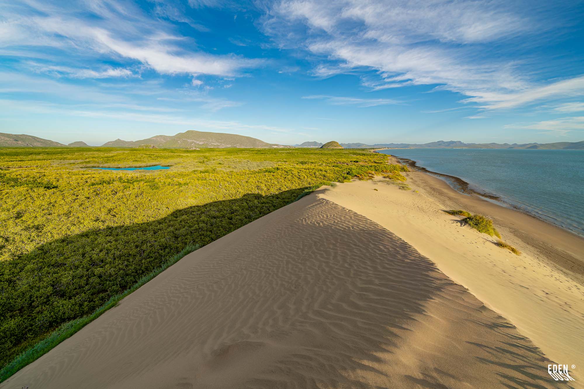 Gran duna de arena junto al manglar y al mar en El Maviri; vista panorámica desde la cresta con cielo azul y nubes ligeras al atardecer.