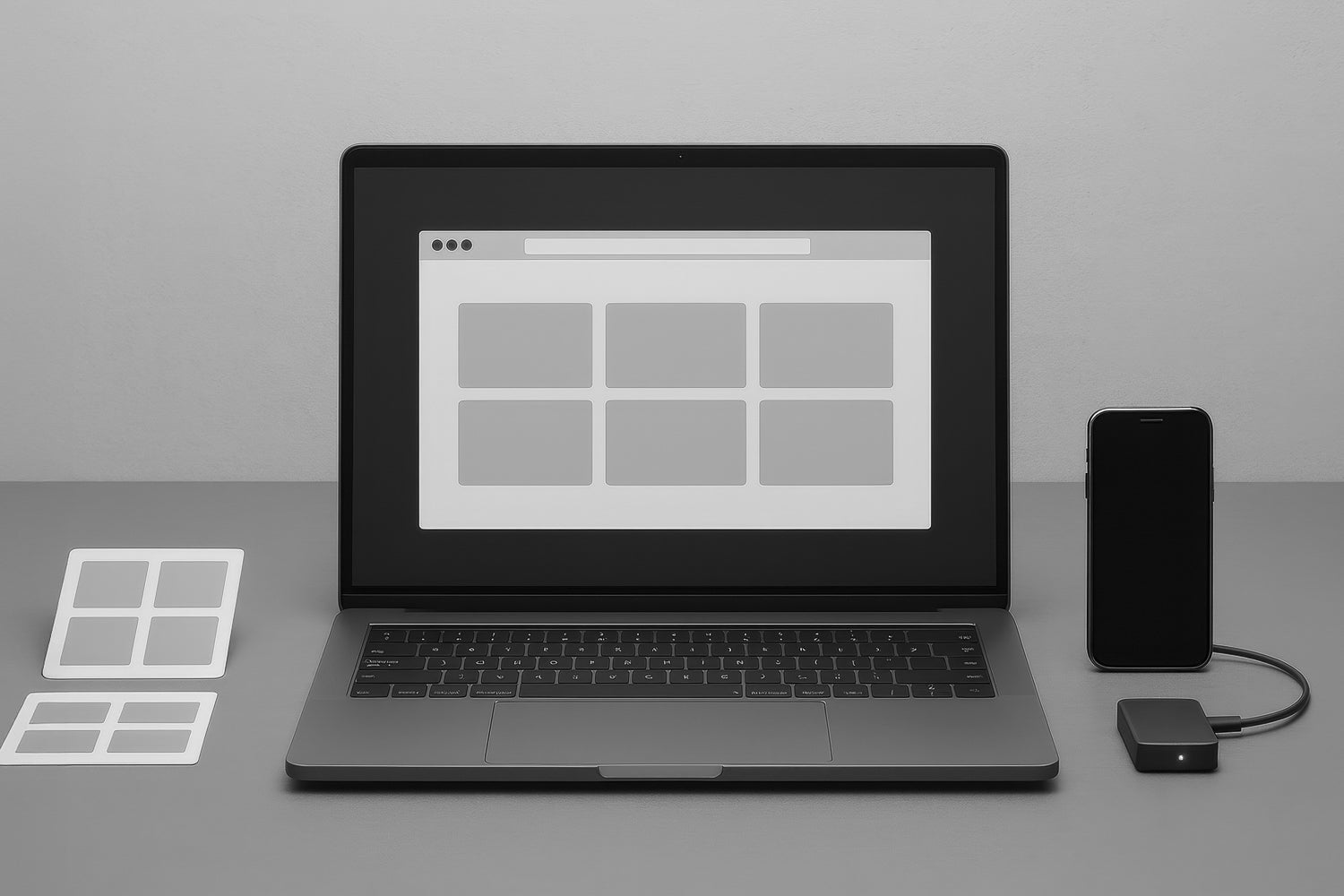Laptop con maqueta de sitio web junto a smartphone y lector, sobre mesa gris; composición minimal que representa publicación y soporte web de contenidos audiovisuales.