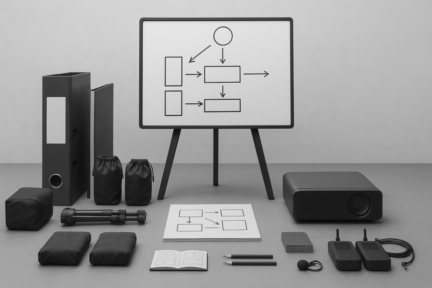Pizarrón con diagrama, proyector y materiales sobre mesa gris; escena minimal que sugiere capacitación práctica en fotografía, video y dron responsable.