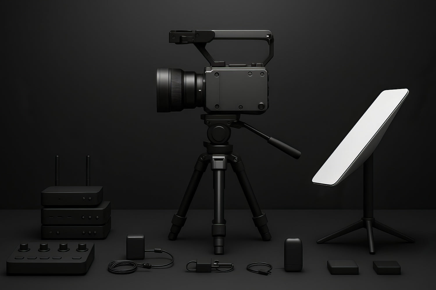 Cámara de cine negra en trípode, con panel de luz y accesorios (baterías, cables y codificadores) sobre mesa gris; set compacto para transmisión en vivo.