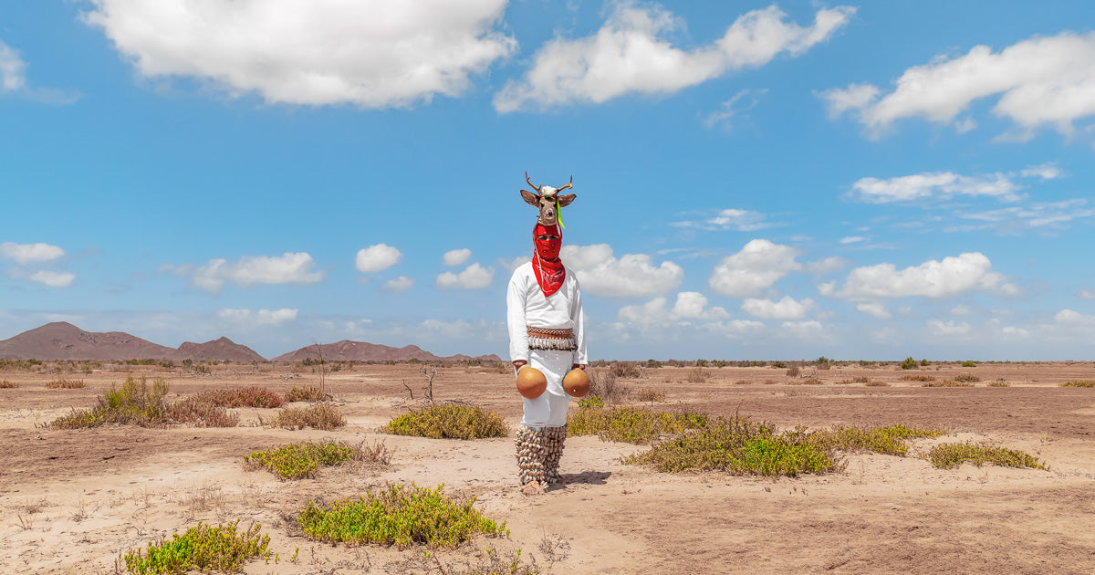 Danzante del venado yoreme de pie al centro del desierto, con sonajas en los tobillos y cielo azul con nubes.