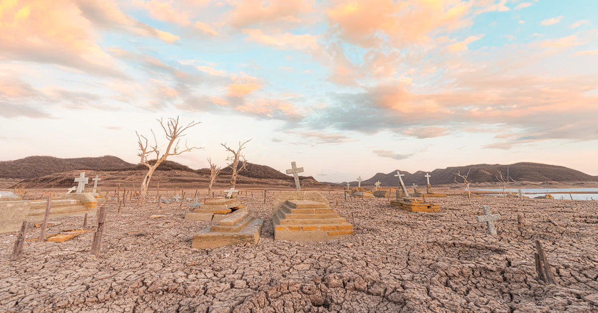 Cementerio emergido por la sequía con tumbas y cruces sobre un suelo agrietado; árboles secos y montes alrededor, bajo un cielo pastel al atardecer junto a la orilla del embalse.