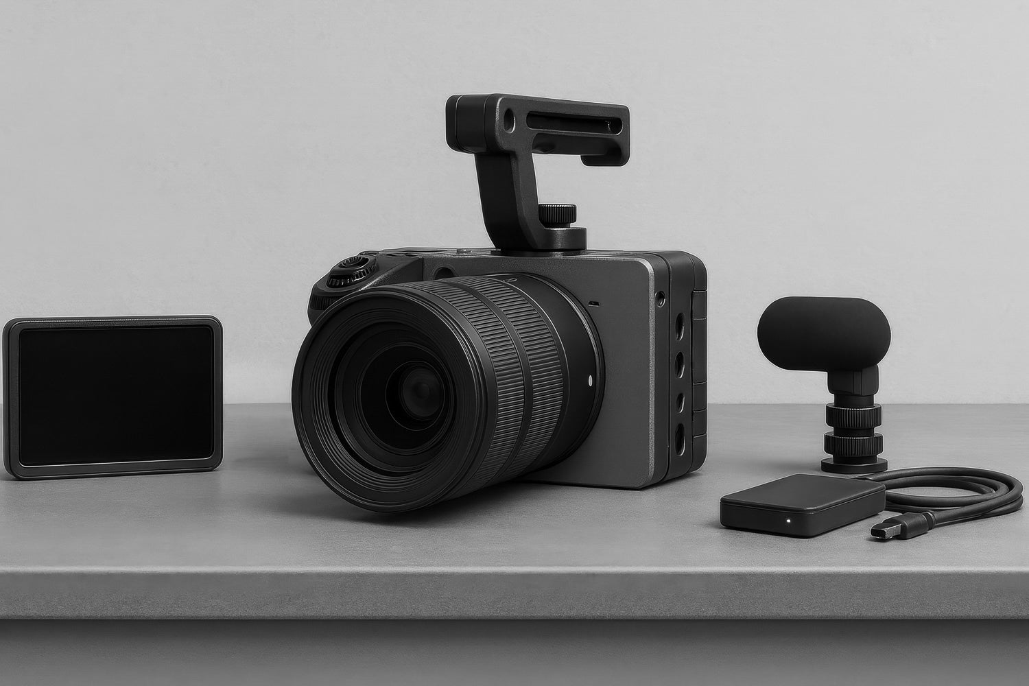 Cámara de video compacta con asa superior y lente zoom sobre mesa gris; a los lados, monitor externo, carta de color, micrófono y SSD con cable.