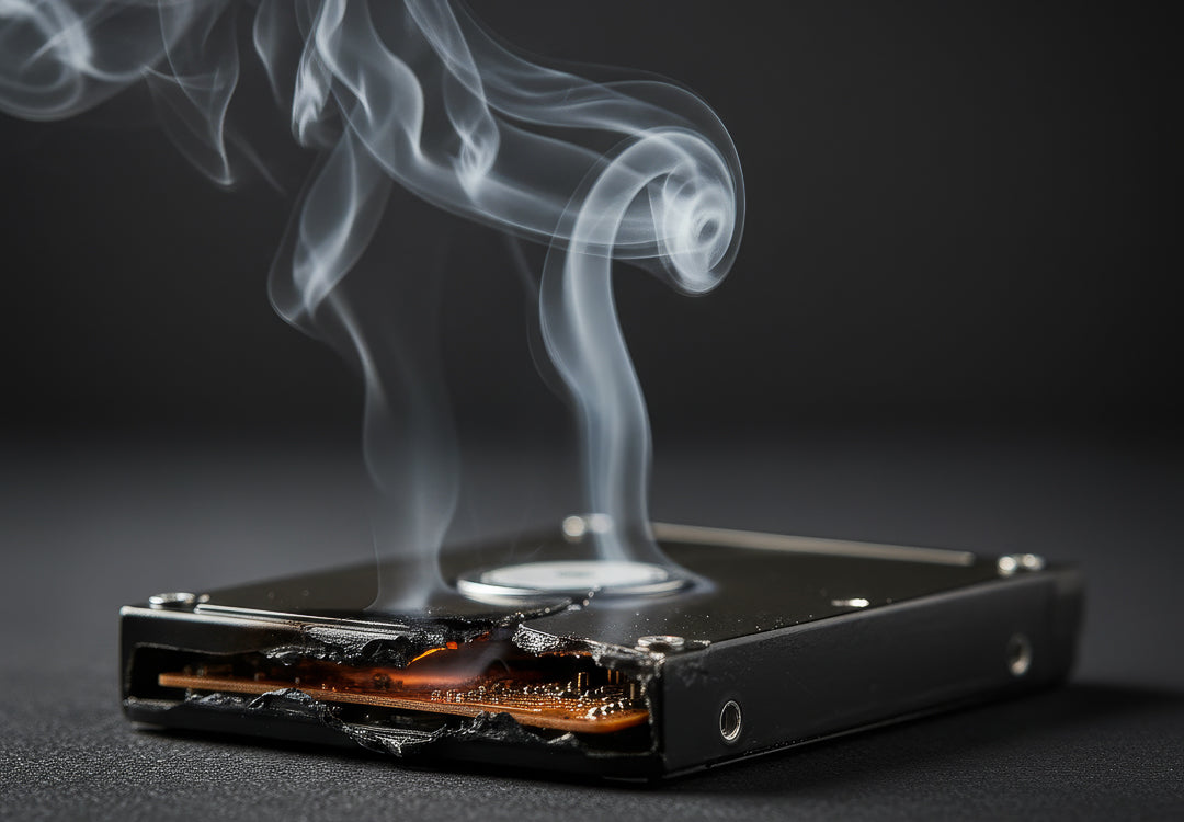 Disco duro metálico con borde frontal deformado; humo blanco en espirales asciende sobre superficie oscura y fondo neutro.