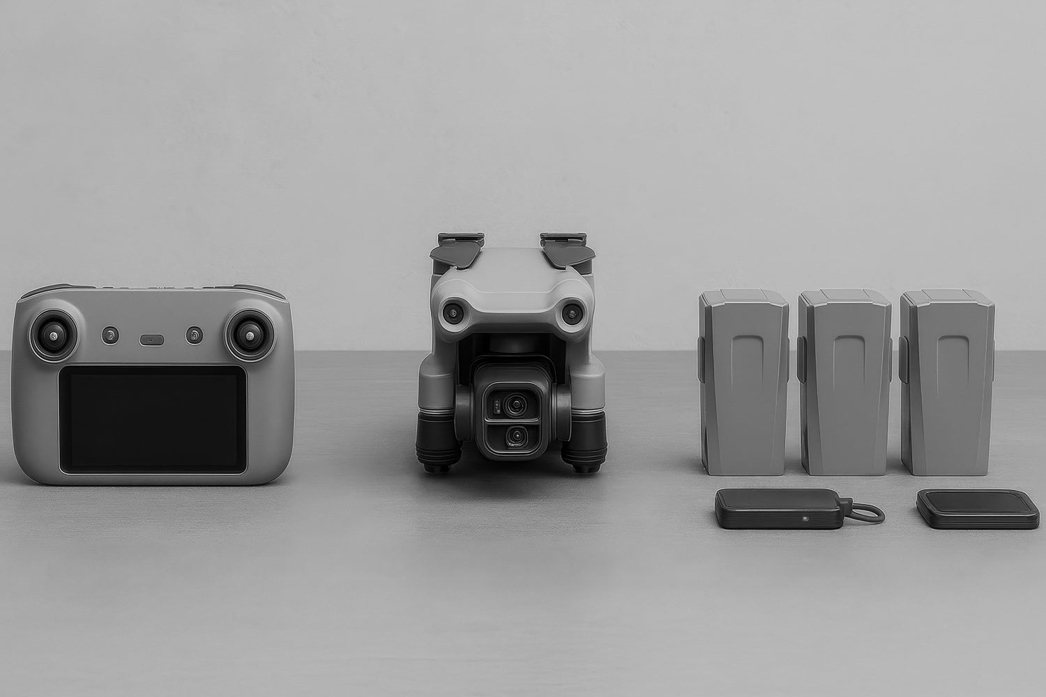 Control remoto, dron plegado visto de frente y tres baterías alineadas sobre mesa gris; a la derecha, dos accesorios planos; fondo neutro.