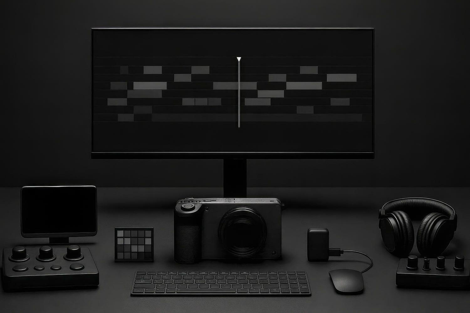 Estación de edición con monitor panorámico y línea de tiempo; cámara, teclado, mouse, SSD, audífonos y dos consolas con perillas sobre mesa gris.