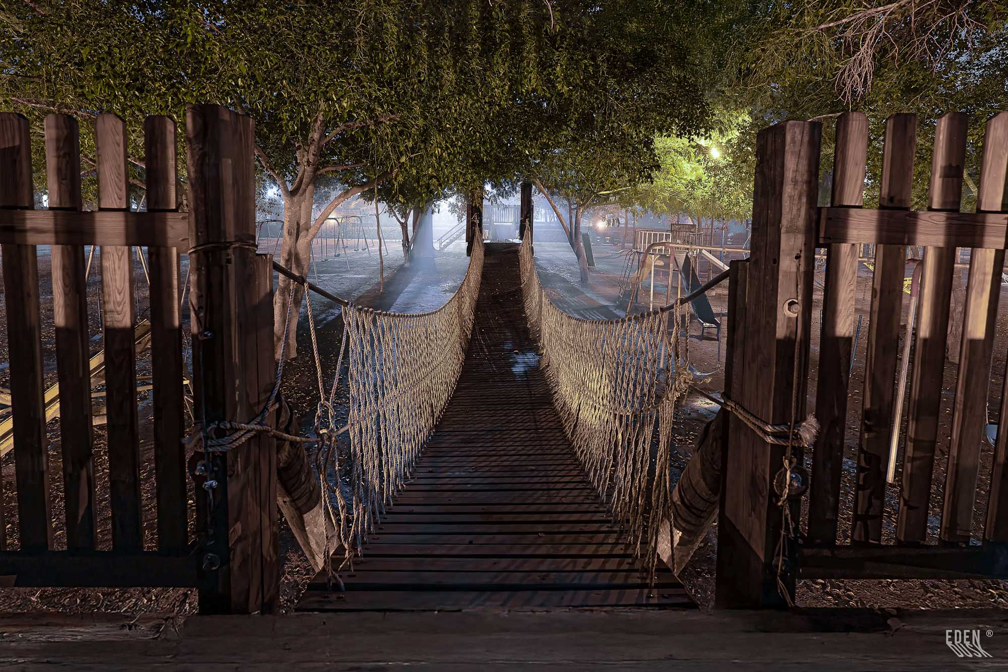 Las luces nocturnas trazan la silueta de un puente peatonal en el Parque Sinaloa, creando un camino luminoso en la oscuridad.