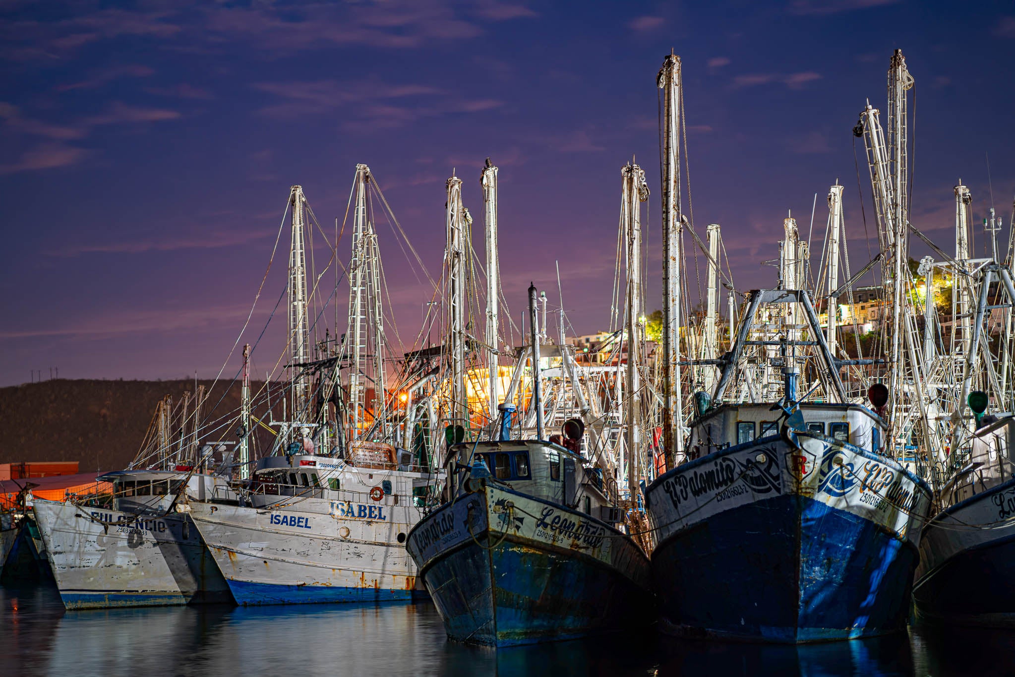 Barcos pesqueros alineados en muelle al anochecer; mástiles y cabos recortados sobre cielo violeta, con reflejos suaves en el agua tranquila.