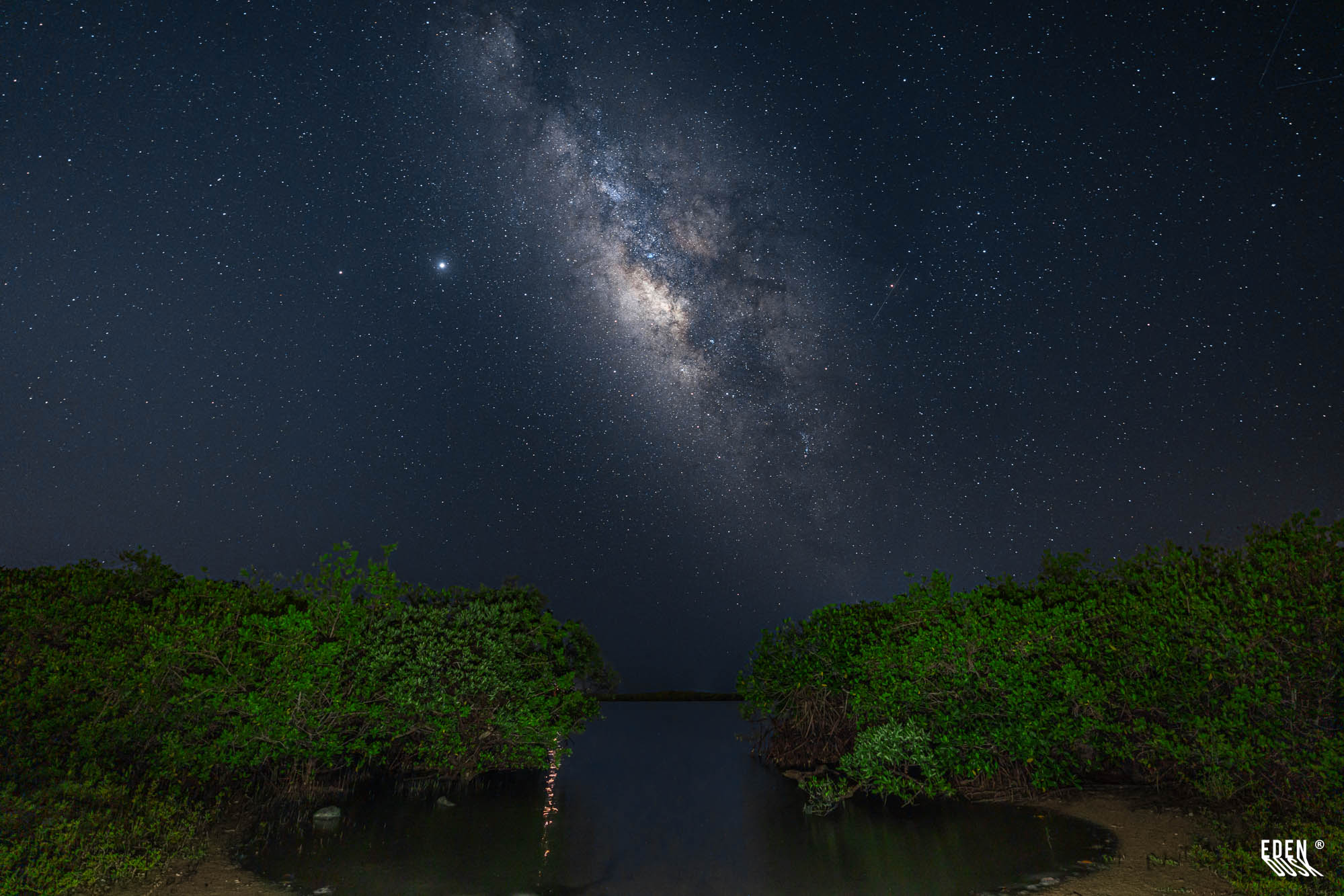 Franja de la Vía Láctea sobre cielo oscuro; entrada de agua entre manglares con reflejo tenue y orillas de lodo y piedras visibles.