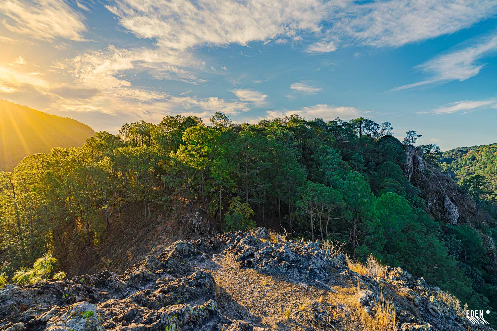 Cresta rocosa iluminada por el sol en el borde; bosque denso al fondo y cielo azul con nubes dispersas.