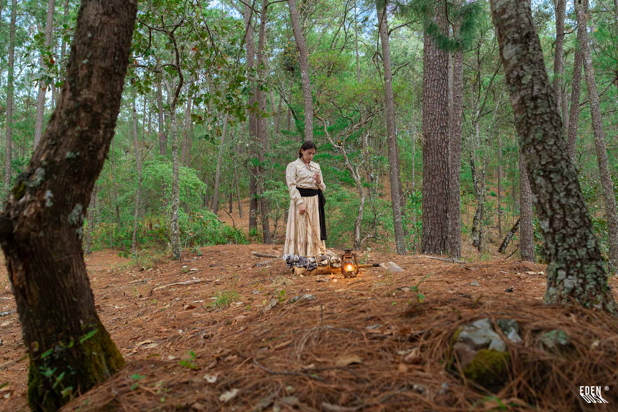Mujer de pie junto a una linterna encendida y varios objetos en el suelo, rodeada de pinos y hojarasca en un claro.