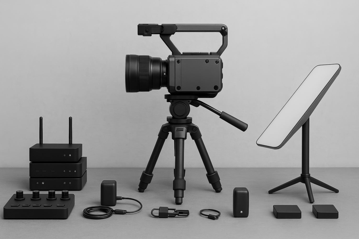 Cámara de cine negra en trípode, con panel de luz y accesorios (baterías, cables y codificadores) sobre mesa gris; set compacto para transmisión en vivo.